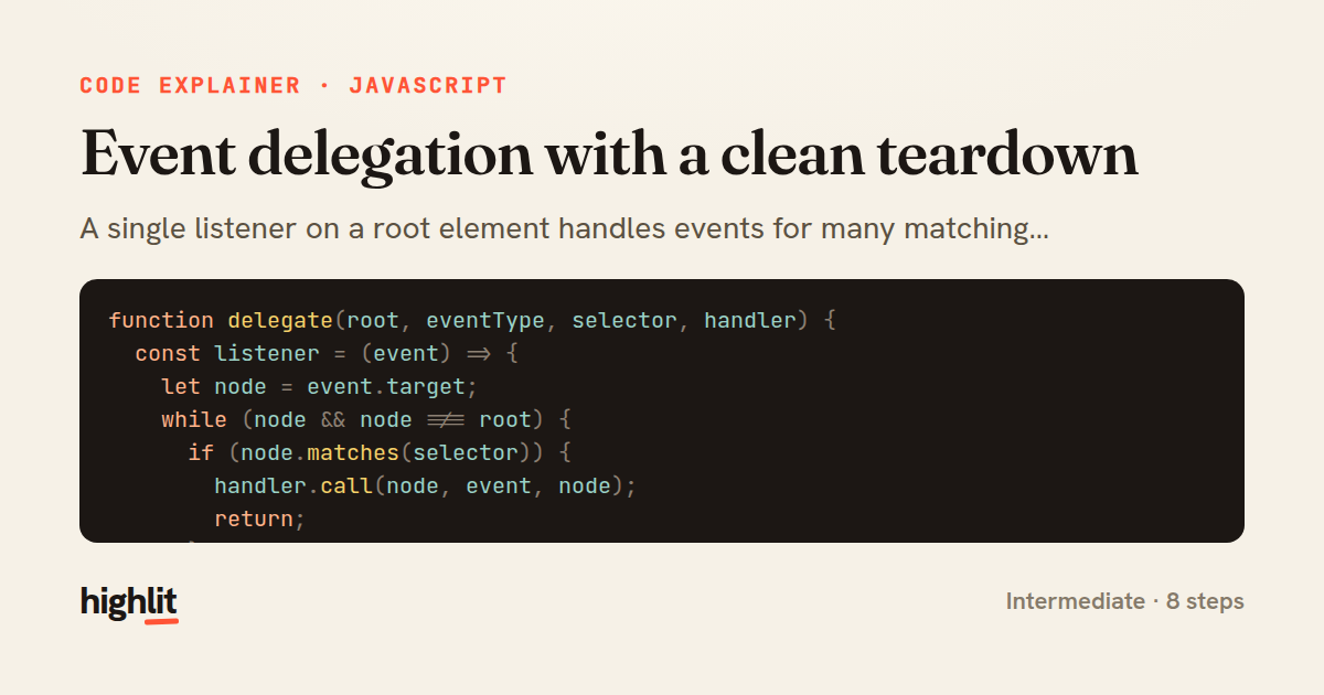 Event delegation with a clean teardown — share card