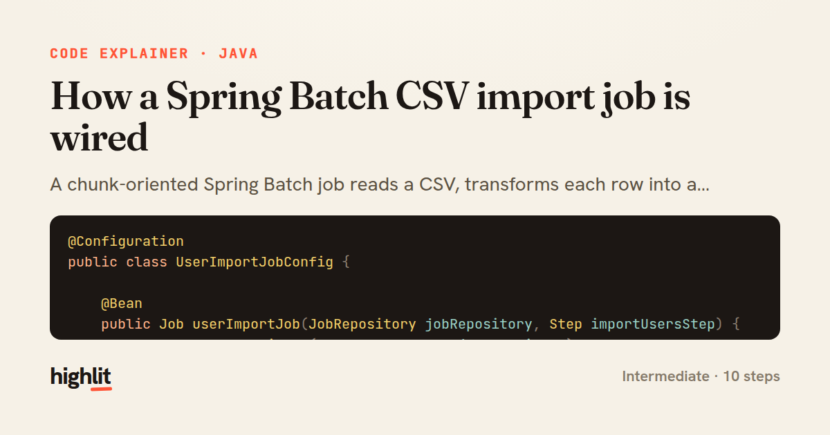 How a Spring Batch CSV import job is wired — share card
