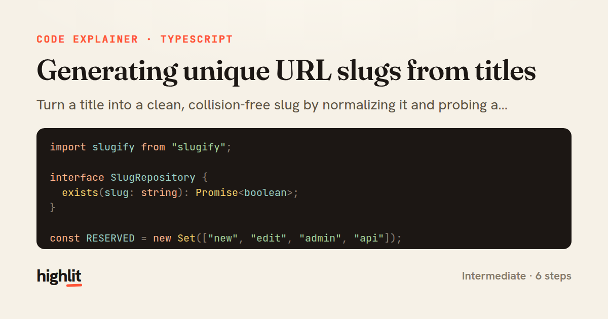 Generating unique URL slugs from titles — share card