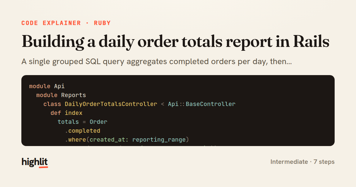 Building a daily order totals report in Rails — share card