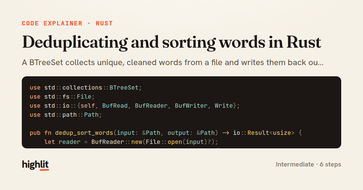 Deduplicating and sorting words in Rust — share card