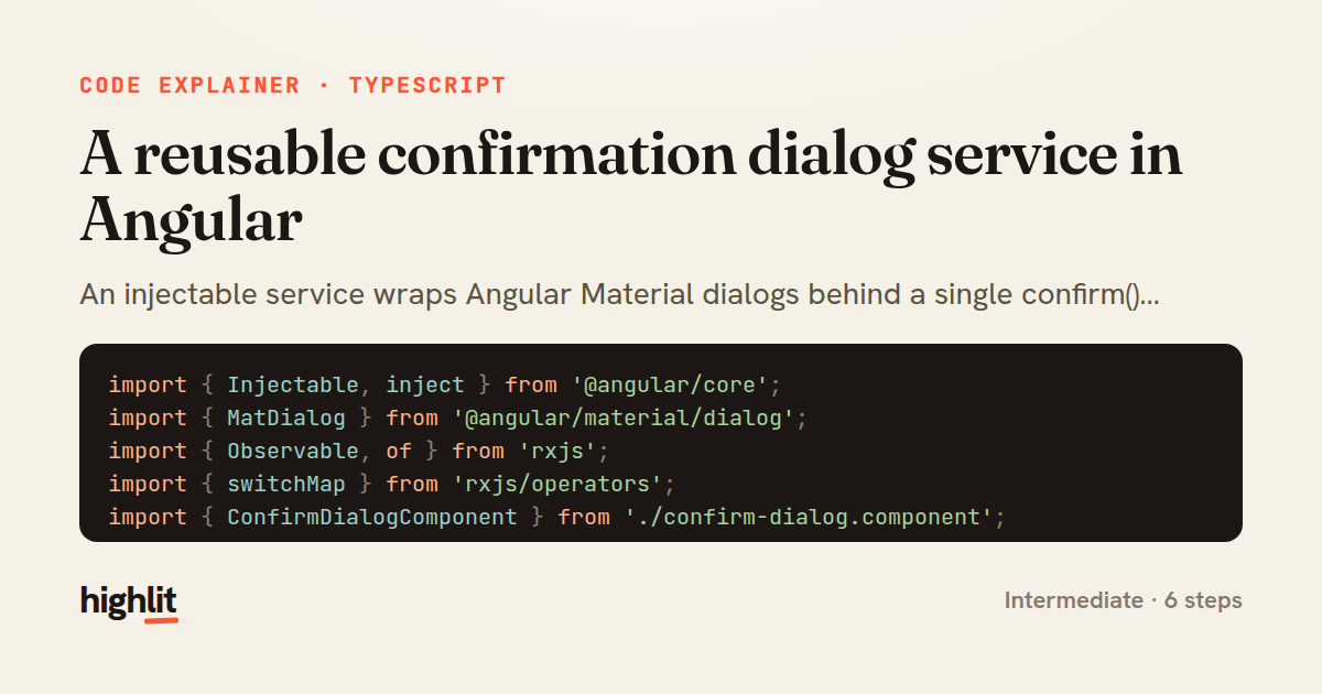 A reusable confirmation dialog service in Angular — share card