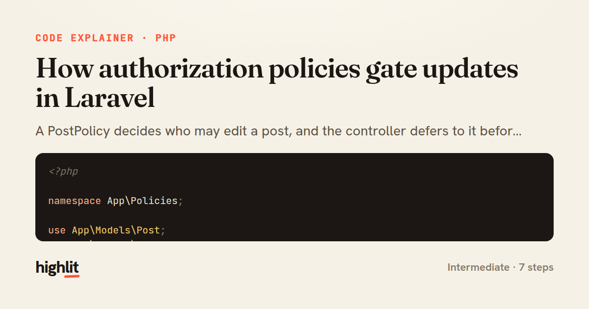 How authorization policies gate updates in Laravel — share card