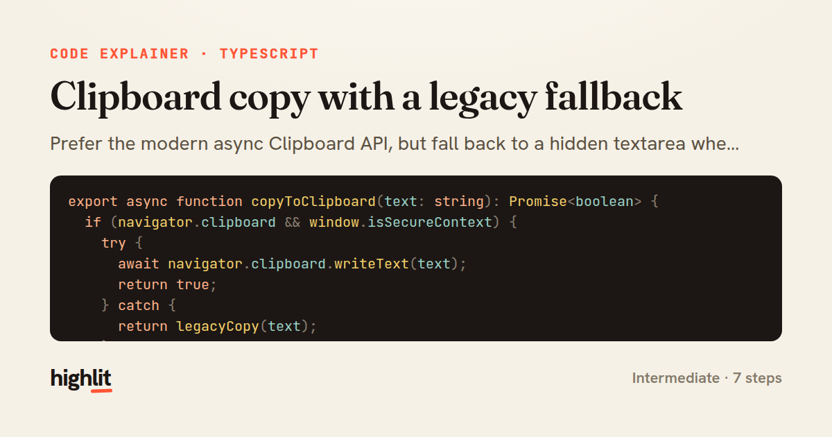 Clipboard copy with a legacy fallback — share card