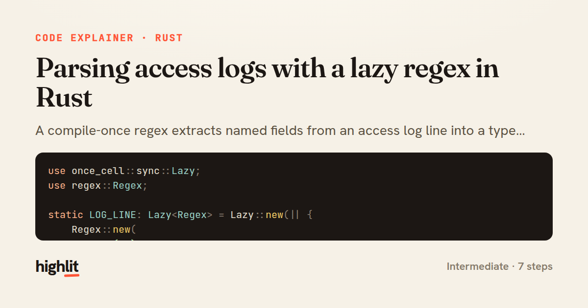 Parsing access logs with a lazy regex in Rust — share card