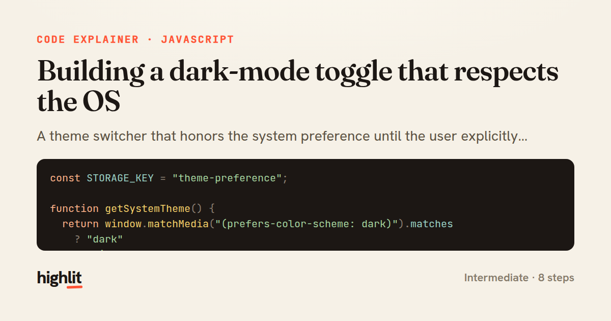 Building a dark-mode toggle that respects the OS — share card
