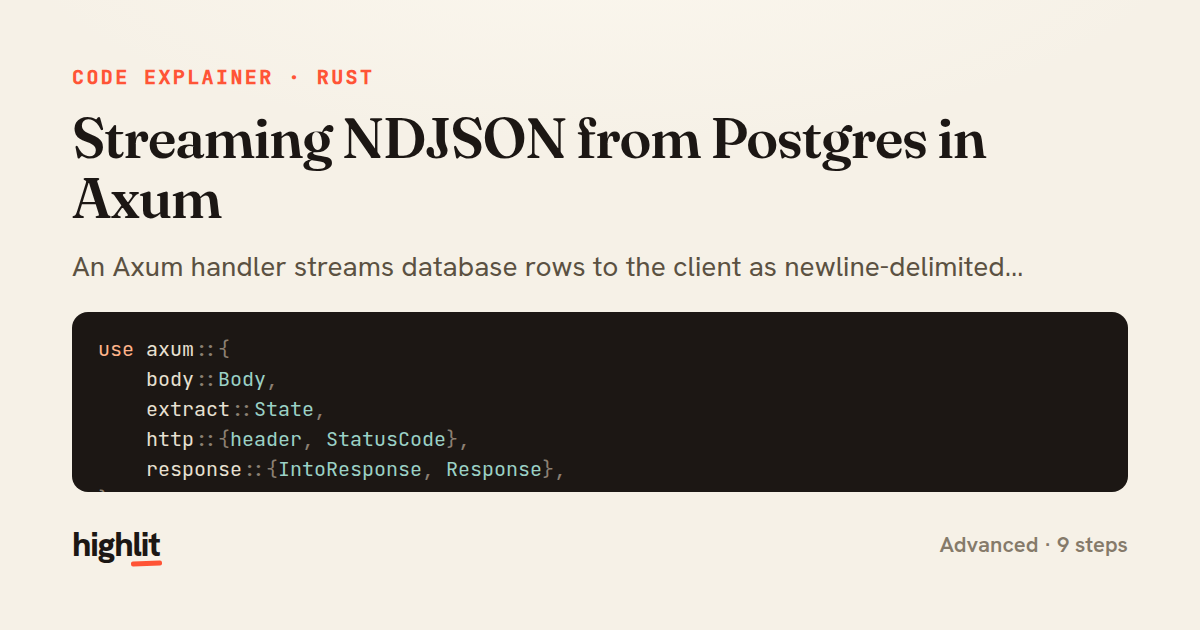 Streaming NDJSON from Postgres in Axum — share card