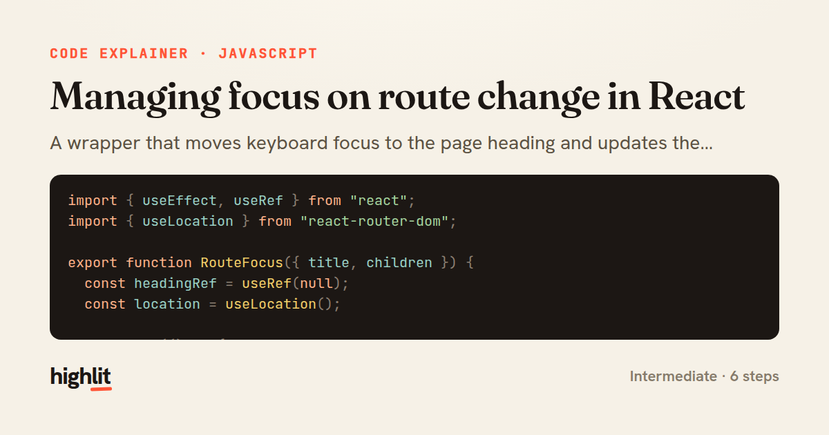 Managing focus on route change in React — share card