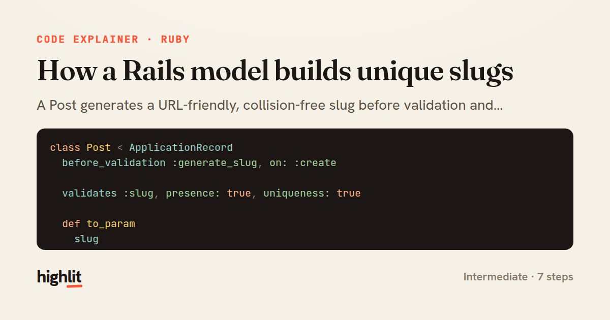 How a Rails model builds unique slugs — share card