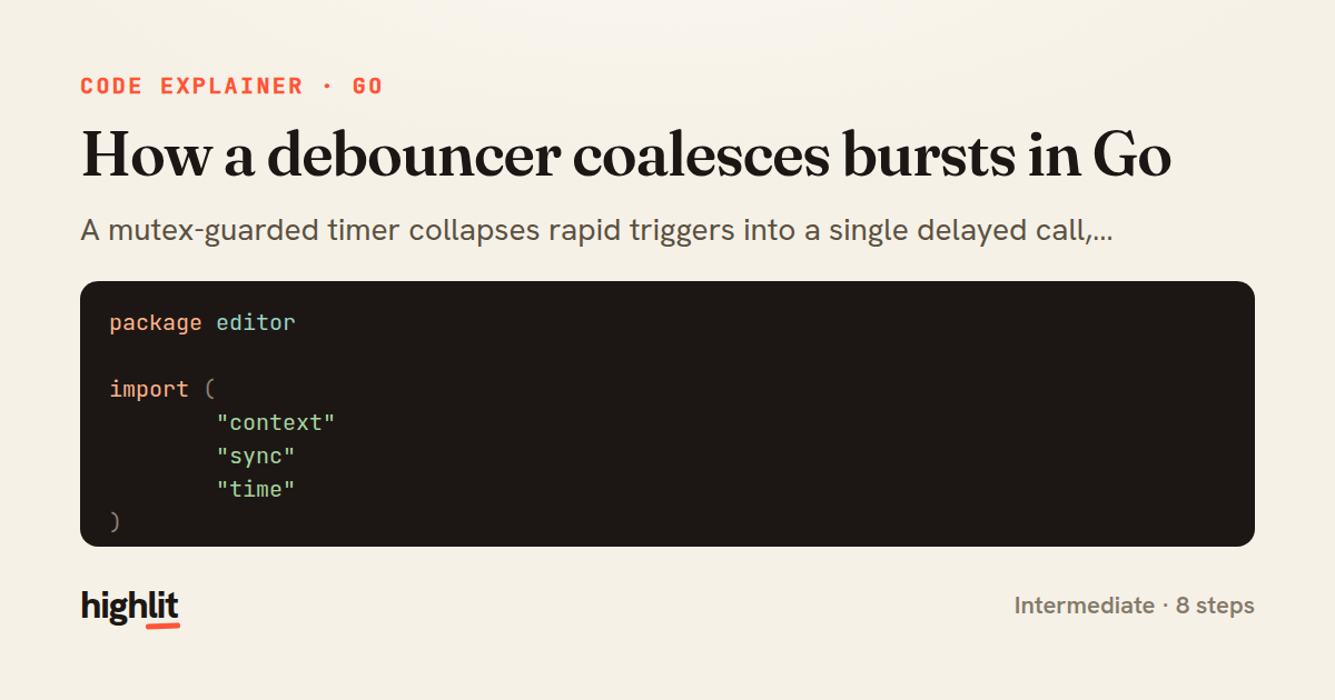 How a debouncer coalesces bursts in Go — share card