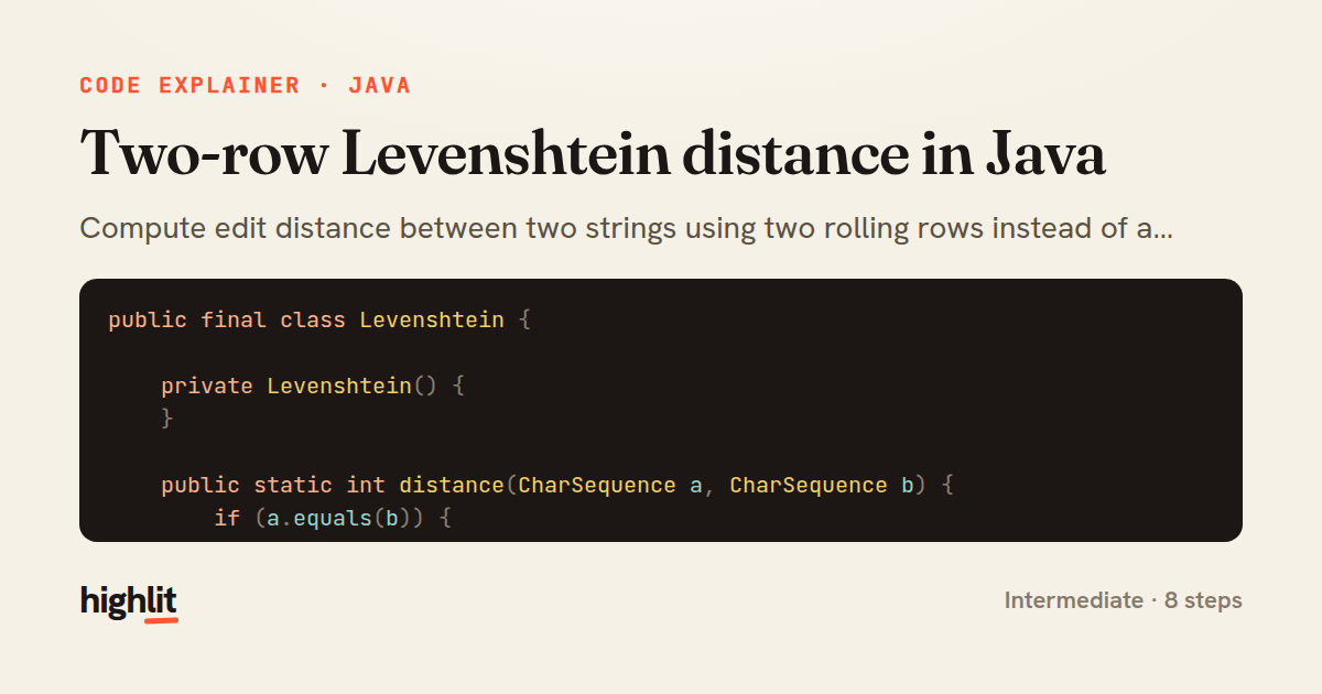 Two-row Levenshtein distance in Java — share card