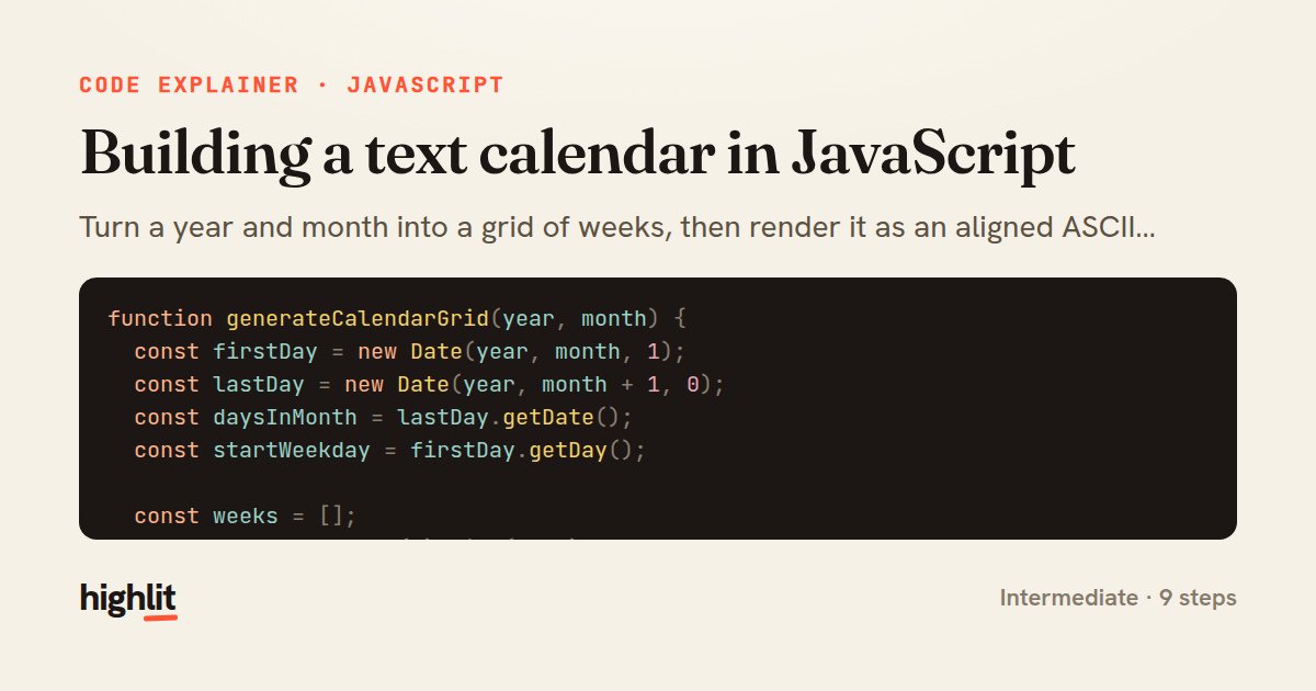 Building a text calendar in JavaScript — share card