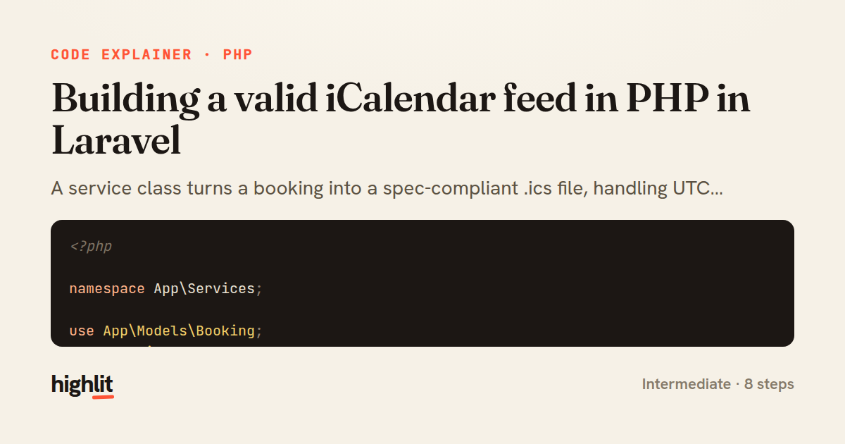 Building a valid iCalendar feed in PHP in Laravel — share card