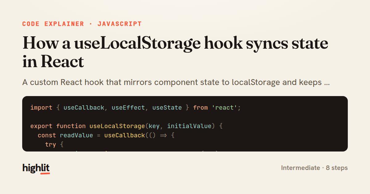 How a useLocalStorage hook syncs state in React — share card