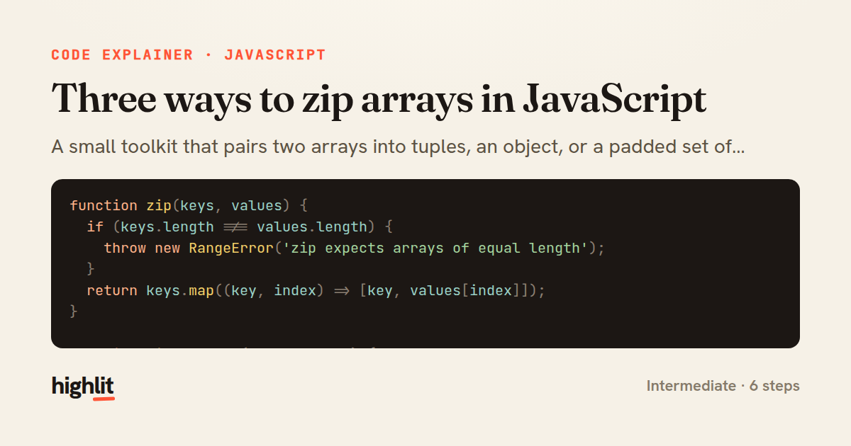 Three ways to zip arrays in JavaScript — share card