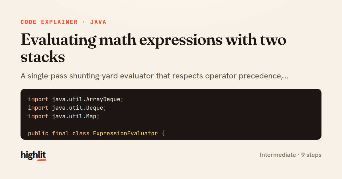 Evaluating math expressions with two stacks — share card