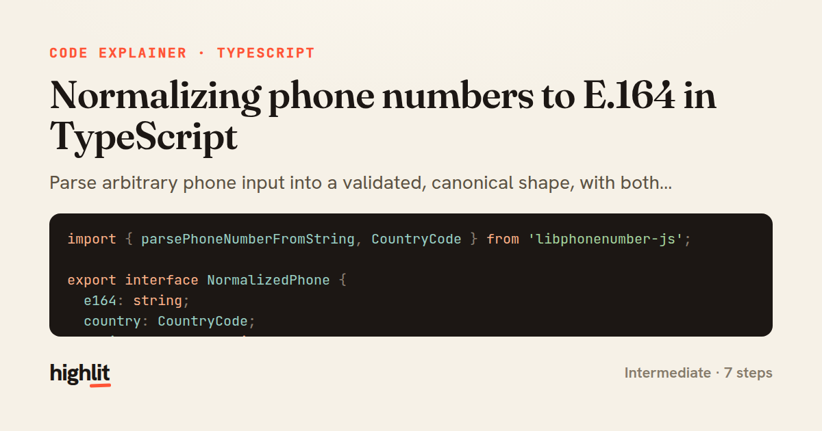 Normalizing phone numbers to E.164 in TypeScript — share card