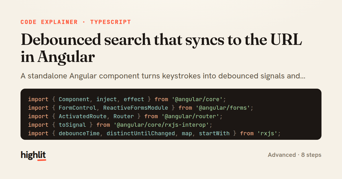 Debounced search that syncs to the URL in Angular — share card