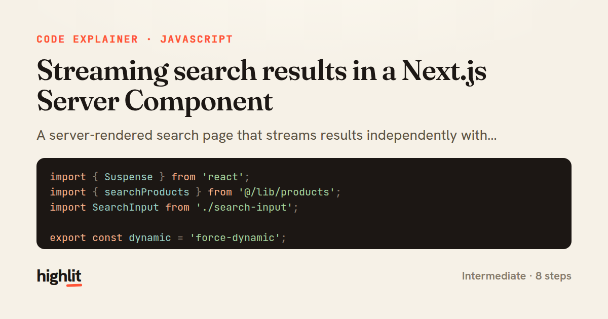 Streaming search results in a Next.js Server Component — share card
