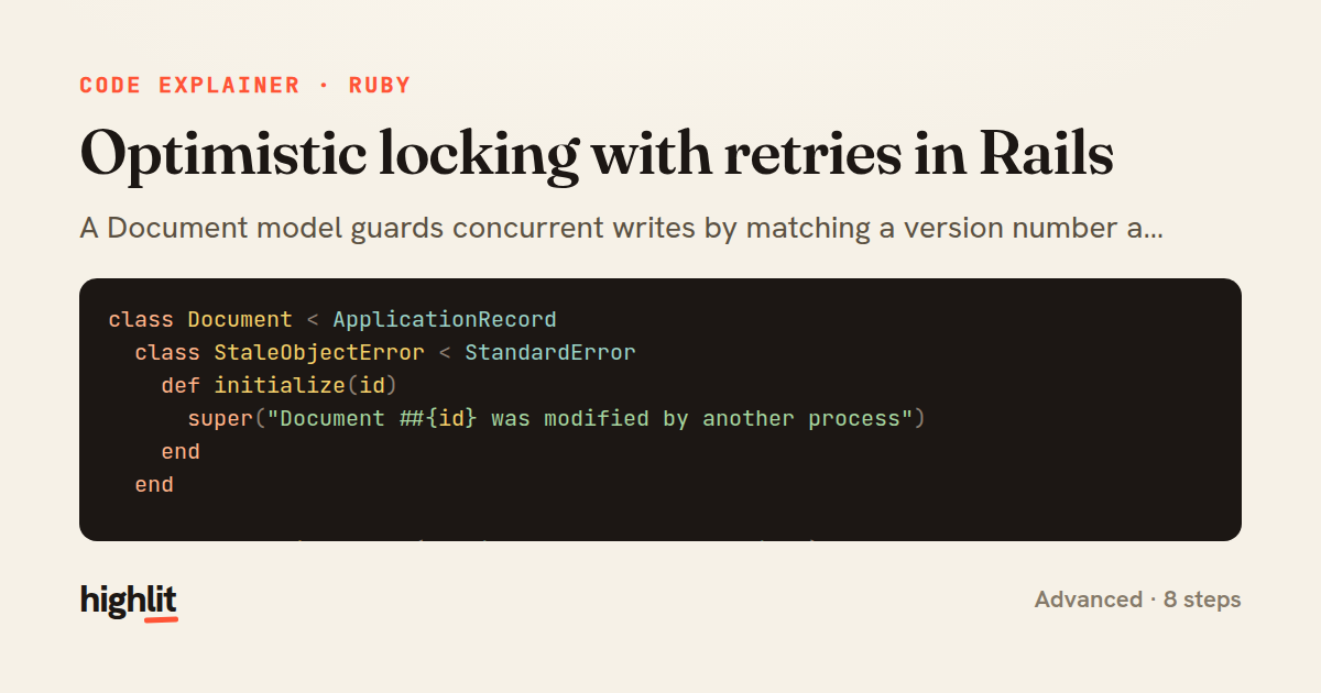 Optimistic locking with retries in Rails — share card