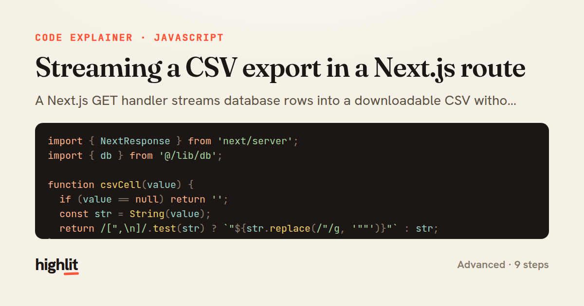 Streaming a CSV export in a Next.js route — share card
