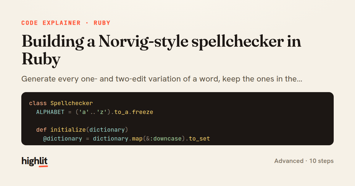 Building a Norvig-style spellchecker in Ruby — share card