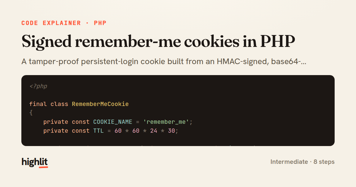 Signed remember-me cookies in PHP — share card