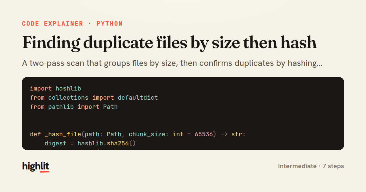 Finding duplicate files by size then hash — share card
