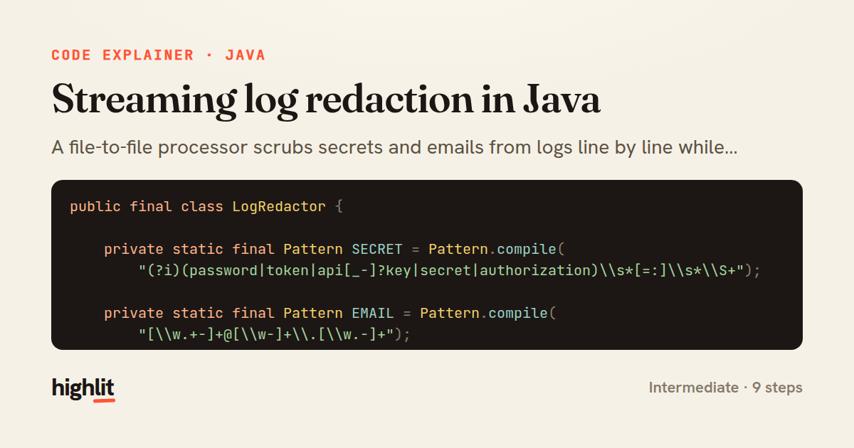 Streaming log redaction in Java — share card