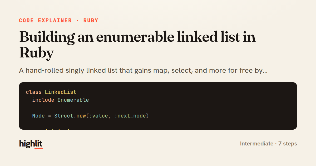 Building an enumerable linked list in Ruby — share card