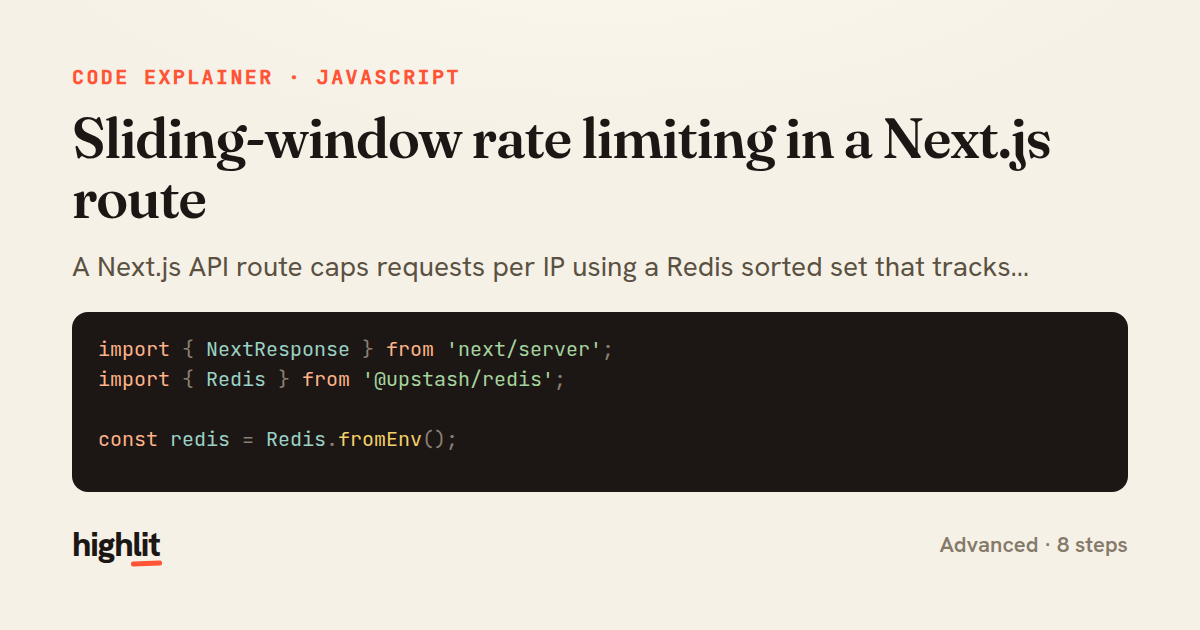 Sliding-window rate limiting in a Next.js route — share card