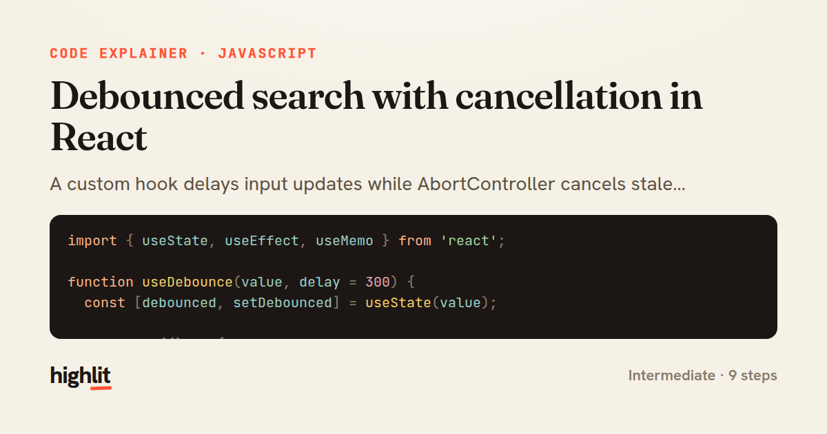 Debounced search with cancellation in React — share card