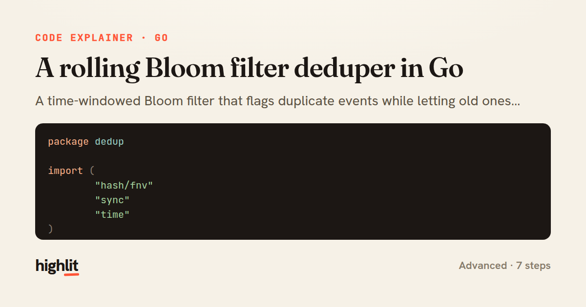 A rolling Bloom filter deduper in Go — share card