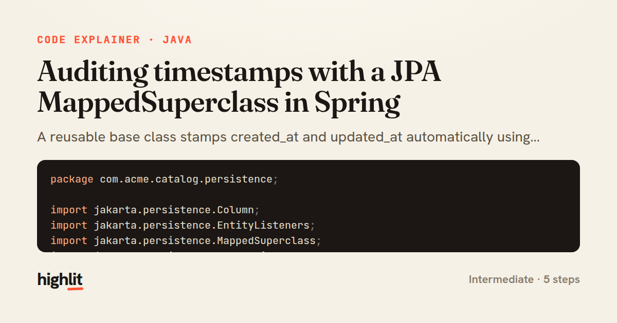 Auditing timestamps with a JPA MappedSuperclass in Spring — share card
