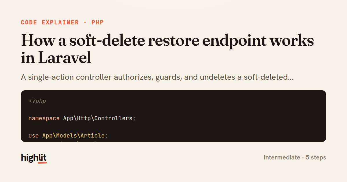 How a soft-delete restore endpoint works in Laravel — share card