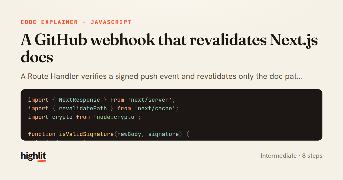 A GitHub webhook that revalidates Next.js docs — share card