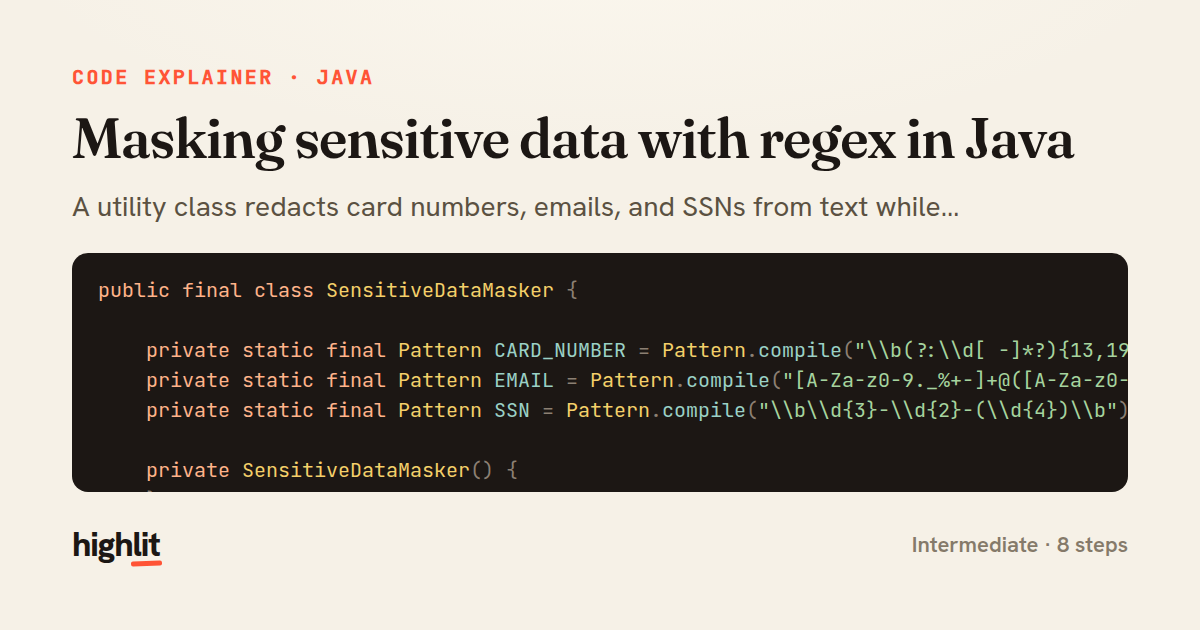 Masking sensitive data with regex in Java — share card