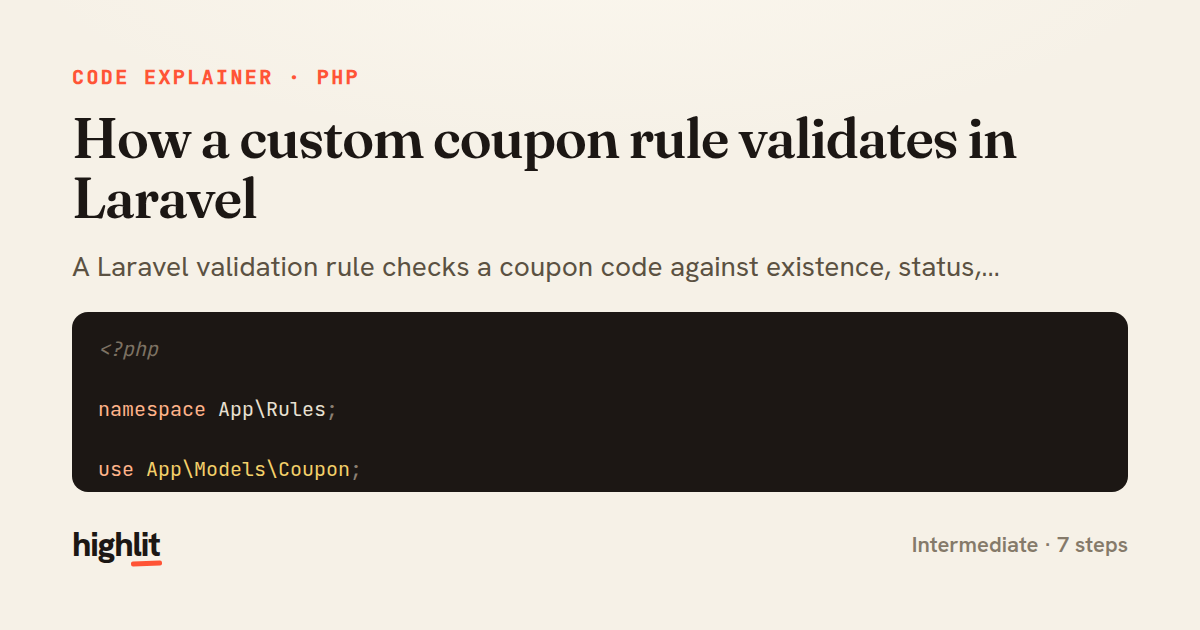 How a custom coupon rule validates in Laravel — share card