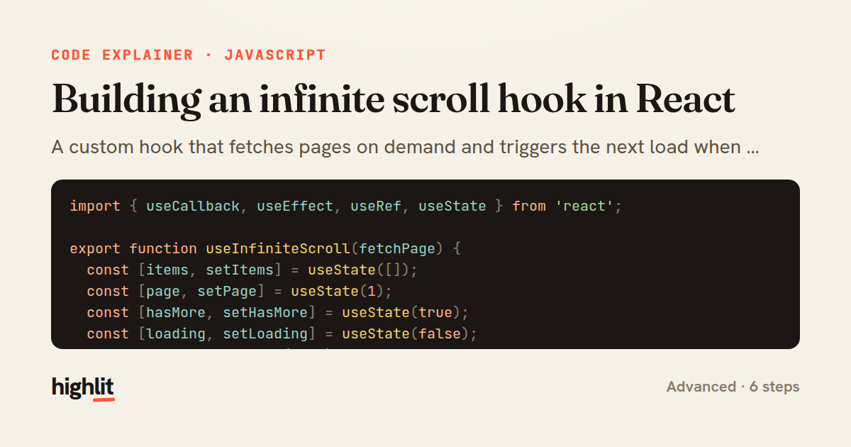 Building an infinite scroll hook in React — share card