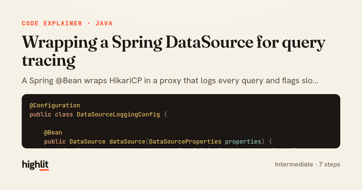 Wrapping a Spring DataSource for query tracing — share card