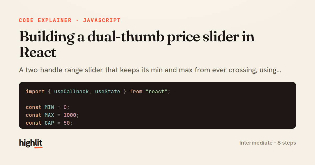 Building a dual-thumb price slider in React — share card