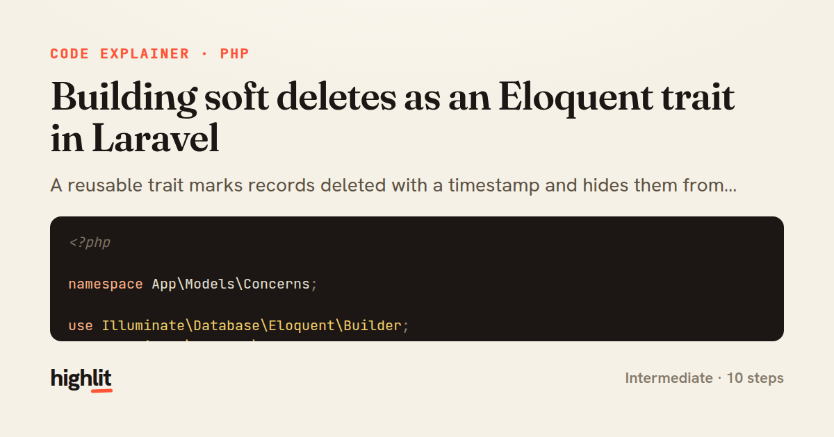 Building soft deletes as an Eloquent trait in Laravel — share card