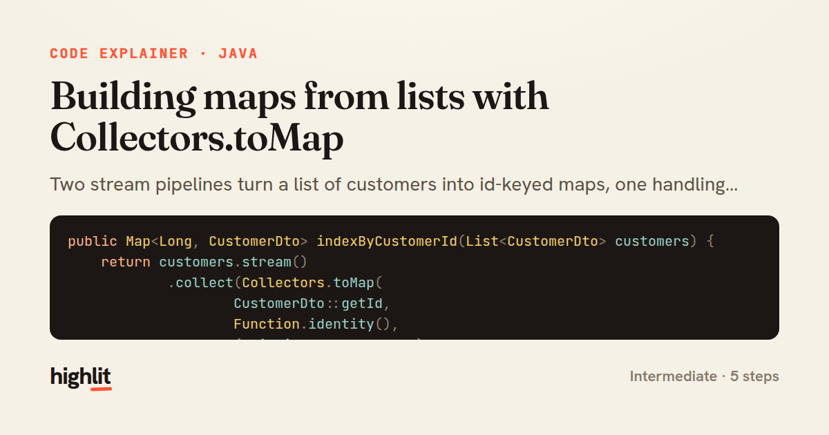 Building maps from lists with Collectors.toMap — share card