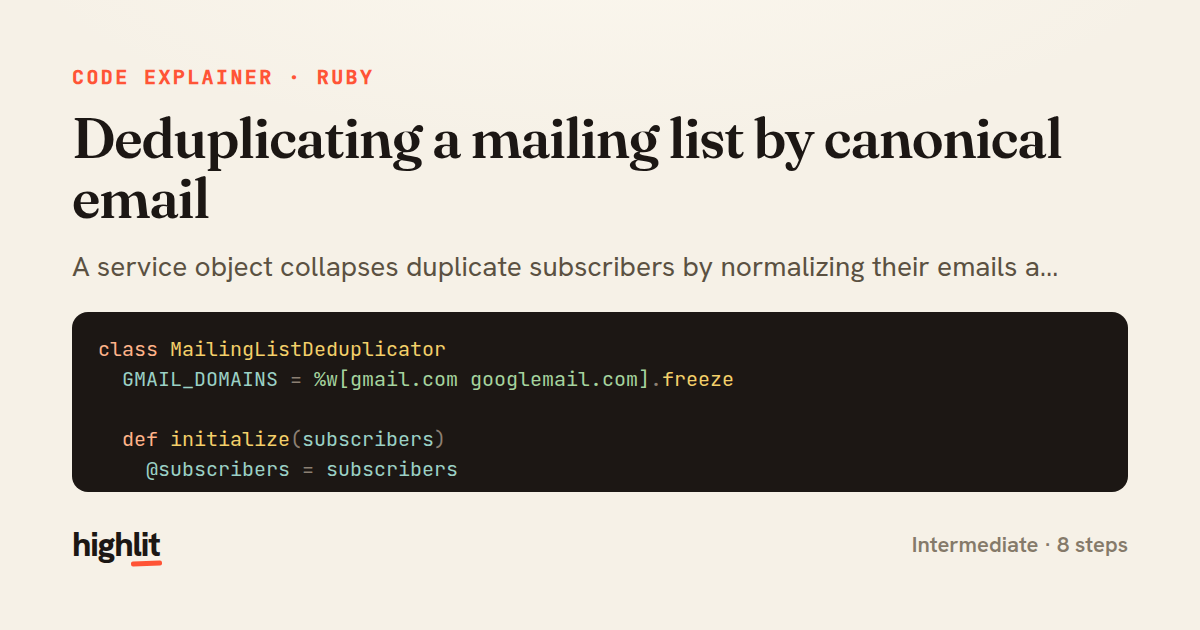 Deduplicating a mailing list by canonical email — share card