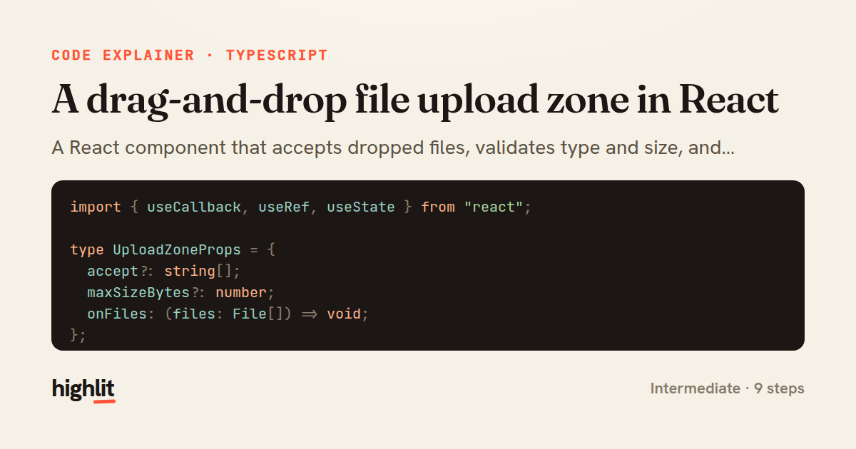 A drag-and-drop file upload zone in React — share card