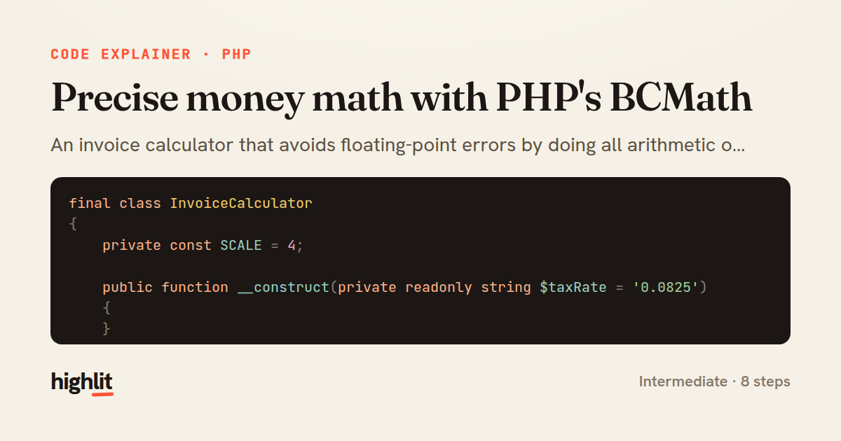Precise money math with PHP's BCMath — share card