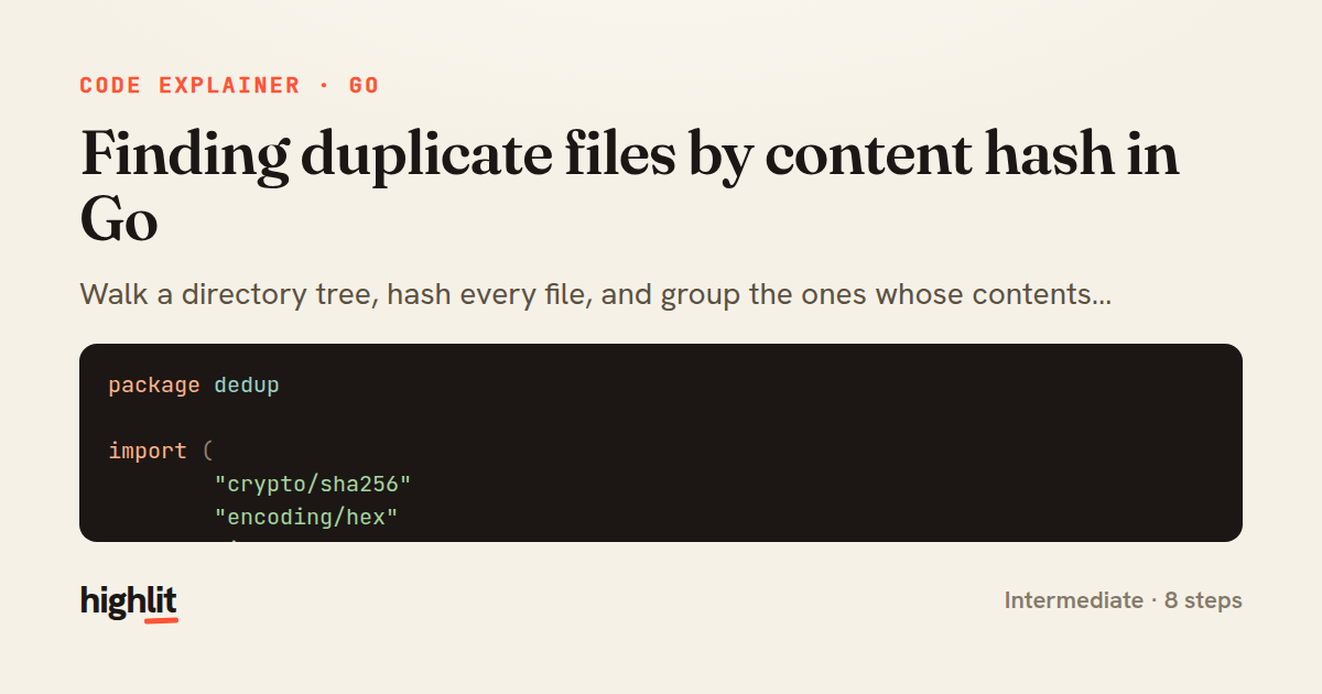 Finding duplicate files by content hash in Go — share card