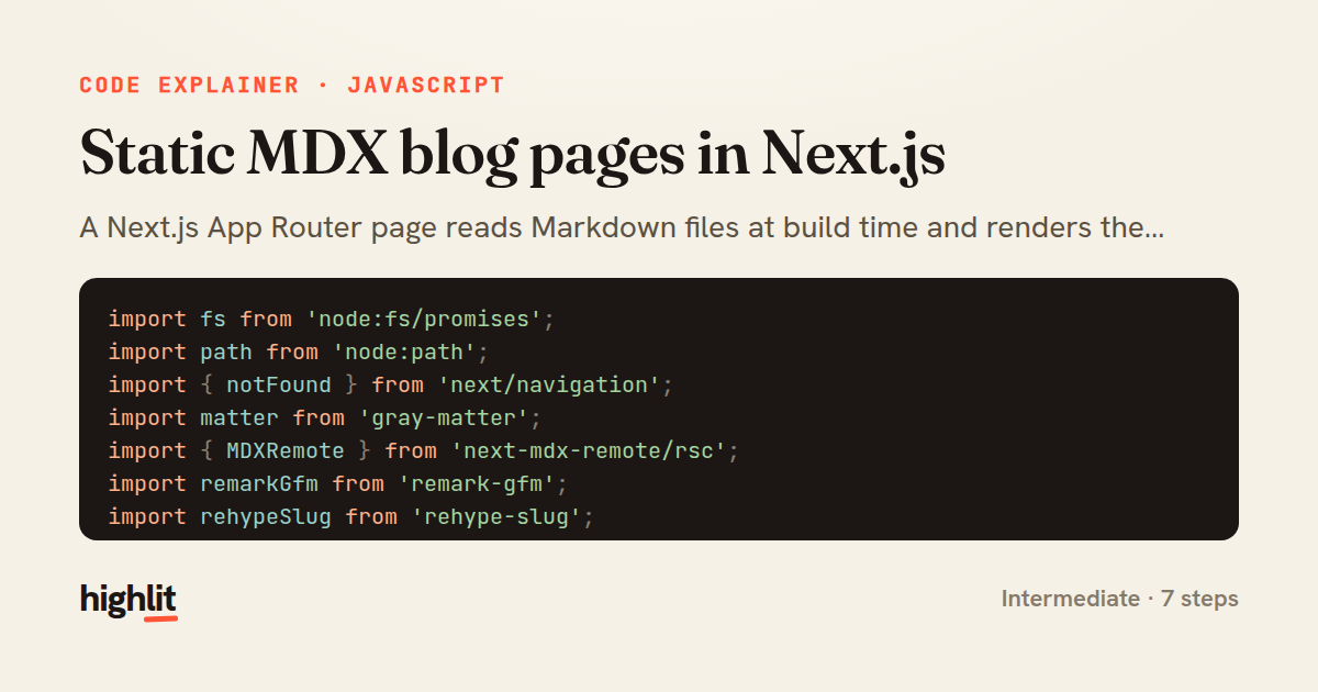 Static MDX blog pages in Next.js — share card