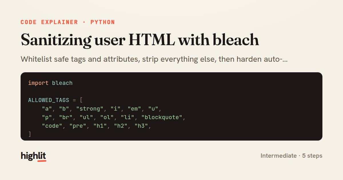 Sanitizing user HTML with bleach — share card