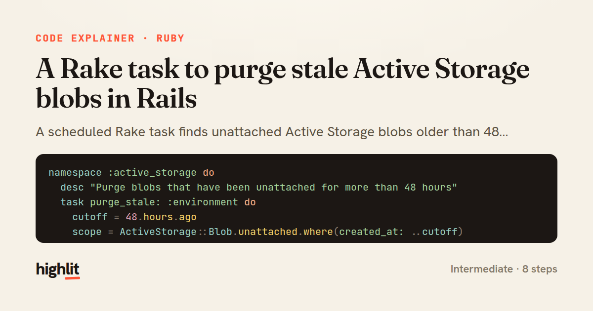 A Rake task to purge stale Active Storage blobs in Rails — share card